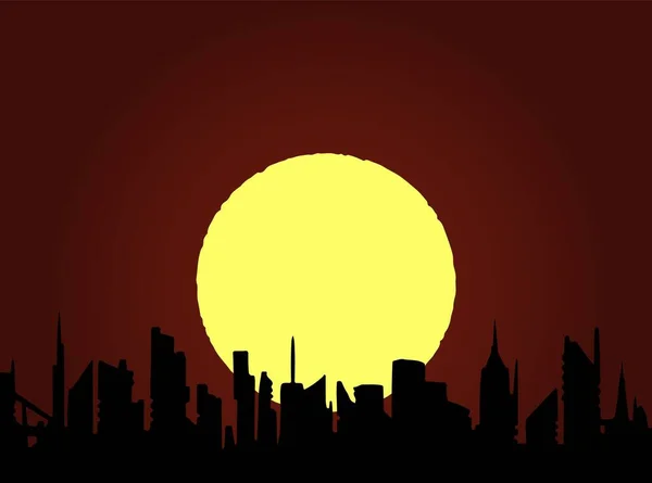 Панорама Города Силуэты Небоскребов Нарисованные Вручную Большой Желтый Солнечный Диск — стоковый вектор