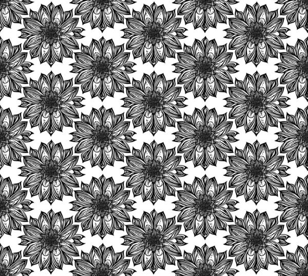 Modèle Art Ligne Sans Couture Fleur Noir Blanc — Image vectorielle