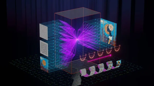 Neural network based on deep learning text-to-image diffusion model. Artificial Intelligence diffusion network principle. 3D rendering illustration of reconstructing image from noise - visual art