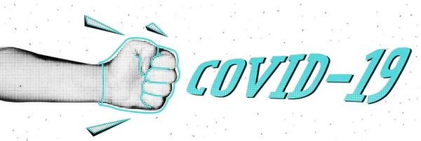 Banner Collage. La mano golpeó a covid-19. Ilustración vectorial — Vector de stock