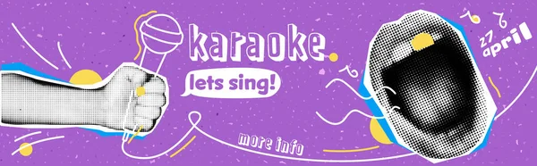 Banner de karaoke con elemento collage grunge. Mano de medio tono con micrófono y boca. Plantilla de anuncios vectoriales. — Vector de stock