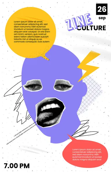 Panji seni kolase. Dengan wajah campuran. Desain Flyer dalam gaya kartun seni pop. Dalam warna ungu dan kuning dan merah. Dengan kertas terkotori dan gelembung bicara - Stok Vektor