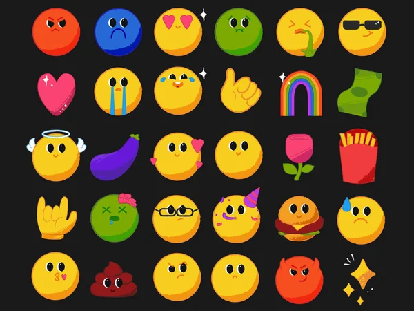Hedendaagse tekenfilm emoji collectie. Een set met vector grunge gezichten en objecten — Stockvector