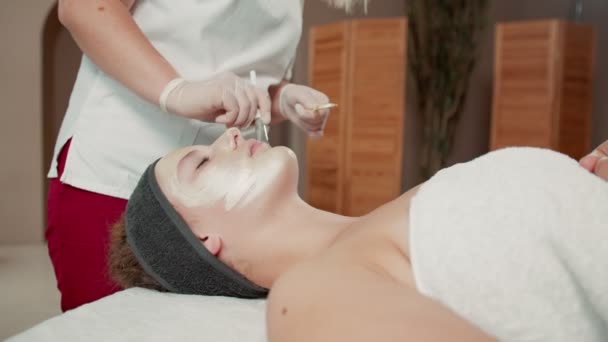 Skillful cosmetician is making healthy facial mask for client. She is standing and touching brush to female face. Young woman is lying with closed eyes and relaxing — Stock Video