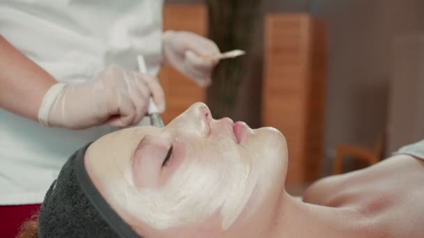 Досвідчений косметолог наносить здорову глину на жіноче обличчя. Дівчина бреше і розслабляється. Її очі закриті з задоволенням — стокове відео