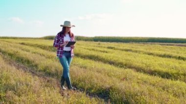 Kadın çiftçi, ekolojik organik tarım bahçesindeki tarlalarda tarla sürerken tablet bilgisayar uygulamalarına göz gezdirirken tam boy görüntüsü