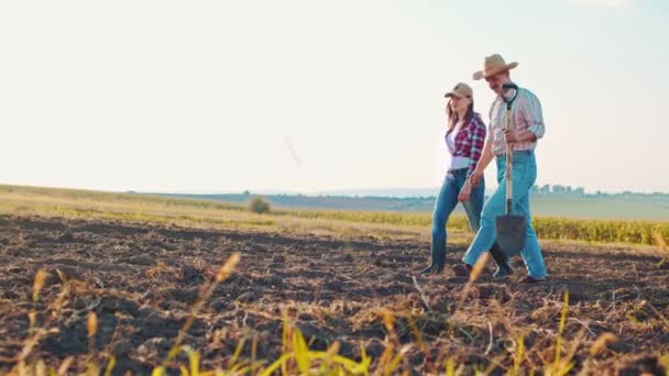 Two farmer engineers examining plants and field while standing and discussing during the looking at the camera. Organic farm business concept — Stock Video