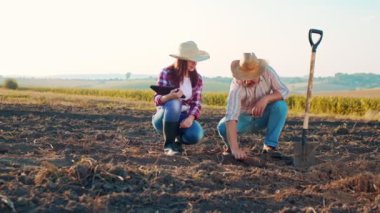 Buğday tarlasında tablet kullanan çiftçiler. Tarımsal teknoloji alanında çalışan kadın ve erkek bilim adamları. Buğday saplarında tablete dokunan bir kadın erkek arkadaşıyla toprağı incelerken...
