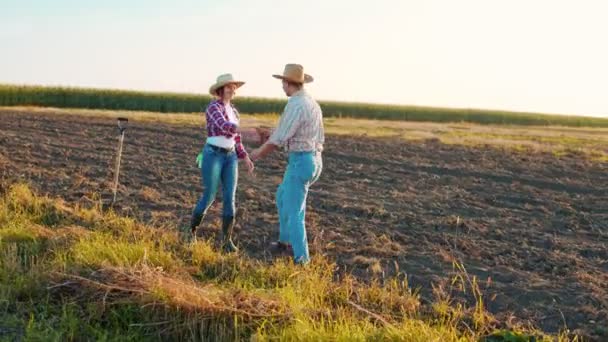 Slimme veeteelt. Twee volwassen blanke lachende mannen met hoed op begroeten zijn vrouwelijke collega op het veld. Landbouwconcept. Voorraadvideo — Stockvideo