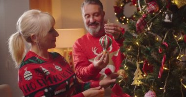 Neşeli, orta yaşlı, evli eş ve kocanın Noel ağacını Noel oyuncakları ve balolarla süslemeye hazırlandığı yeni yıl kutlamalarını kapatıyoruz. Kış tatili
