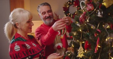 Kafkasyalı mutlu orta yaşlı karı ve koca Xmas kazaklarıyla Noel ağacını Noel oyuncakları ve balolarla süslemeye hazırlanıyor. Aile tatilleri