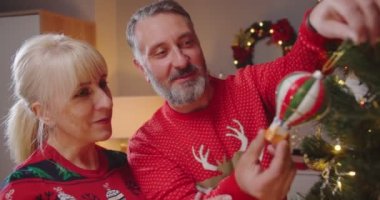 Kafkas neşe dolu son sınıf çifti, Xmas kazaklı kadın ve erkek birlikte yeni yıl kutlamasına hazırlanan oyuncaklarla birlikte ev dekorasyonu ağacını süsleyin. Mutlu Noeller. İyi tatiller.