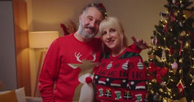 Kafkasyalı neşeli orta yaşlı karı koca, tatil süveterleri içinde süslü xmas ağacının yanındaki odada şenlik havasında kameraya sarılmış ve gülümsüyor. Yeni Yıl