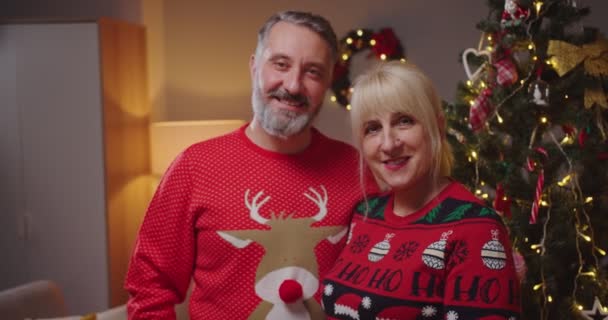 Feche o retrato da esposa de família sênior caucasiana feliz e marido em suéteres de férias que estão na sala decorada perto de árvore de xmas brilhante, abraçando e sorrindo à câmera. Celebração de Ano Novo — Vídeo de Stock
