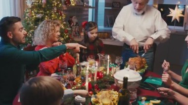 Mutlu Kafkas ailesi Noel 'i kutluyor, evdeki parti masasında sohbet ediyorlar. Büyükbaba herkes izlerken kızarmış hindi kesiyor..