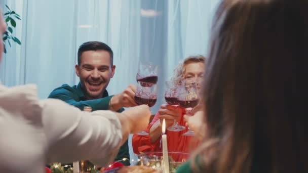 Gelukkige blanke familie viert Kerstmis, kletsen aan tafel. Mooie vrienden die thuis kerstdiner hebben, rode wijn drinken en glazen klappen. — Stockvideo