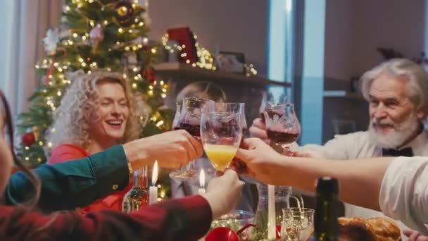 Happy caucasian family celebrating Christmas, chatting at dinner party table. Beautiful friends having Christmas dinner party at home, drinking red wine and clinking glasses. Video Clip