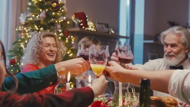 Happy caucasian family celebrating Christmas, chatting at dinner party table. Beautiful friends having Christmas dinner party at home, drinking red wine and clinking glasses. — Stock Footage Happy caucasian family celebrating Christmas, chatting at dinner party table. Beautiful friends having Christmas dinner party at home, drinking red wine and clinking glasses. Stock Footage