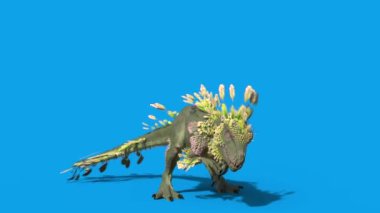 Tüylü Dinozor Trex Kükreyen Mavi Ekran Önü 3D Canlandırma 4K