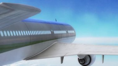 Uçak Uçağı Gökyüzü Bulutları Mavi Sırt Kapat 3d Rendering Animasyon