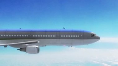 Uçak Uçağı Gökyüzü Bulutlar Mavi Kanatlar 3d Rendering Animasyon
