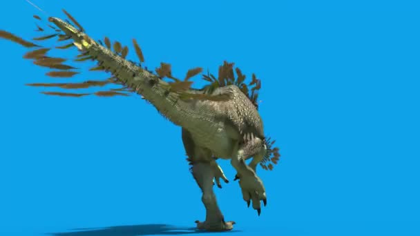 Feathered Dinosaur Trex Kjører Blå Skjerm Tilbake Gjengivende Animasjon – stockvideo