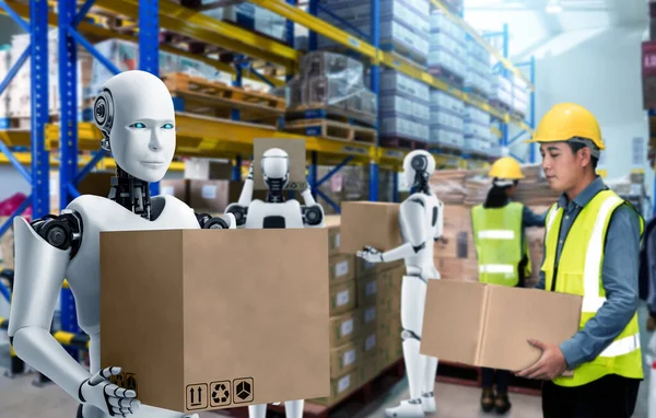 Innovativer Industrieroboter arbeitet im Lager zusammen mit menschlichen Arbeitern — Stockfoto