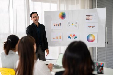 İş adamları daire içinde otururken iş projesini ustaca tartışıyor