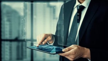 İş zekası teknolojisi ve büyük veri analitik karışık medya, karar verme için stratejik yatırım tavsiyelerini analiz etmek için bilgisayar yazılımı kullanarak gelecekle ilgili bilgi raporu kavramını gösteriyor .