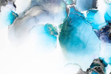 Kağıt üzerinde mermer sıvı mürekkep resminin mavi gümüş soyut arkaplanı .