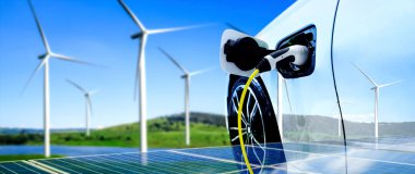 Yeşil sürdürülebilir enerji kavramında elektrikli araba için EV şarj istasyonu