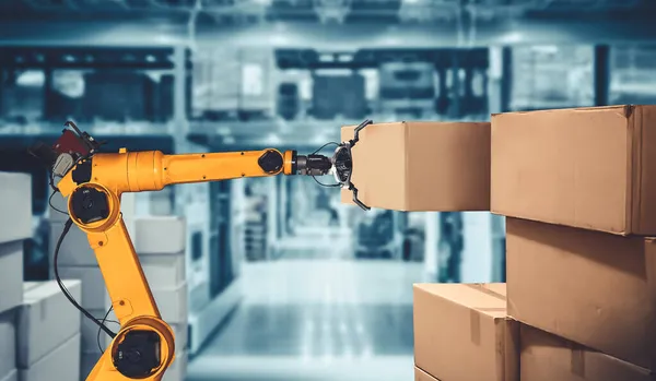 Smart robot arm system for innovative warehouse and factory digital technology — Stock Photo, Image