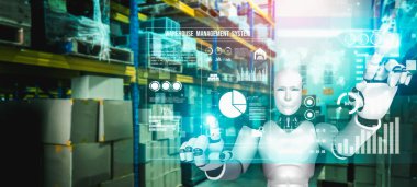 Yenilikçi endüstri robotu insan işçiler için depoda çalışıyor.