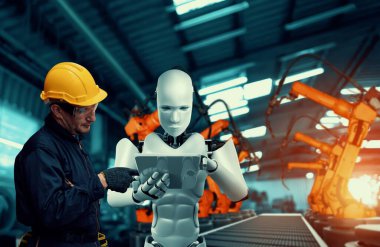 Mekanize endüstri robotu ve insan işçileri gelecekteki fabrikada birlikte çalışıyorlar.