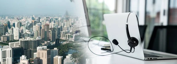 Headset and customer support equipment at call center ready for actively service — Stock Photo, Image