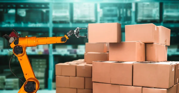 Smart robot arm system for innovative warehouse and factory digital technology — Stock Photo, Image