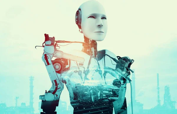 Mechanized industry robot and robotic arms double exposure image .