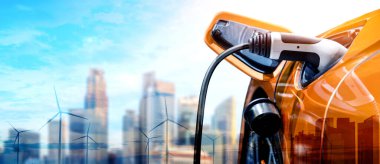 Yeşil enerji ve ekolojik güç kavramında elektrikli araba şarj istasyonu