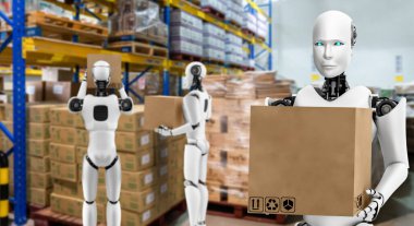 Yenilikçi endüstri robotu insan işçiler için depoda çalışıyor.