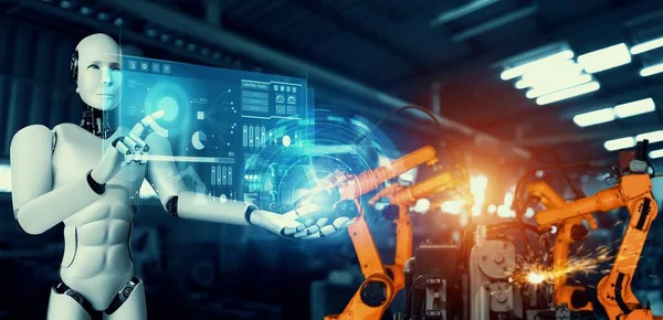 Robot industrial mecanizado y brazos robóticos para montaje en producción en fábrica . —  Fotos de Stock
