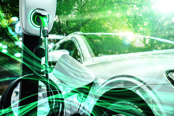 EV зарядная станция для электромобиля в концепции зеленой энергии и экологической энергии