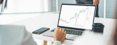 İşkadını dizüstü bilgisayarını kullanarak borsa verilerini analiz ediyor.