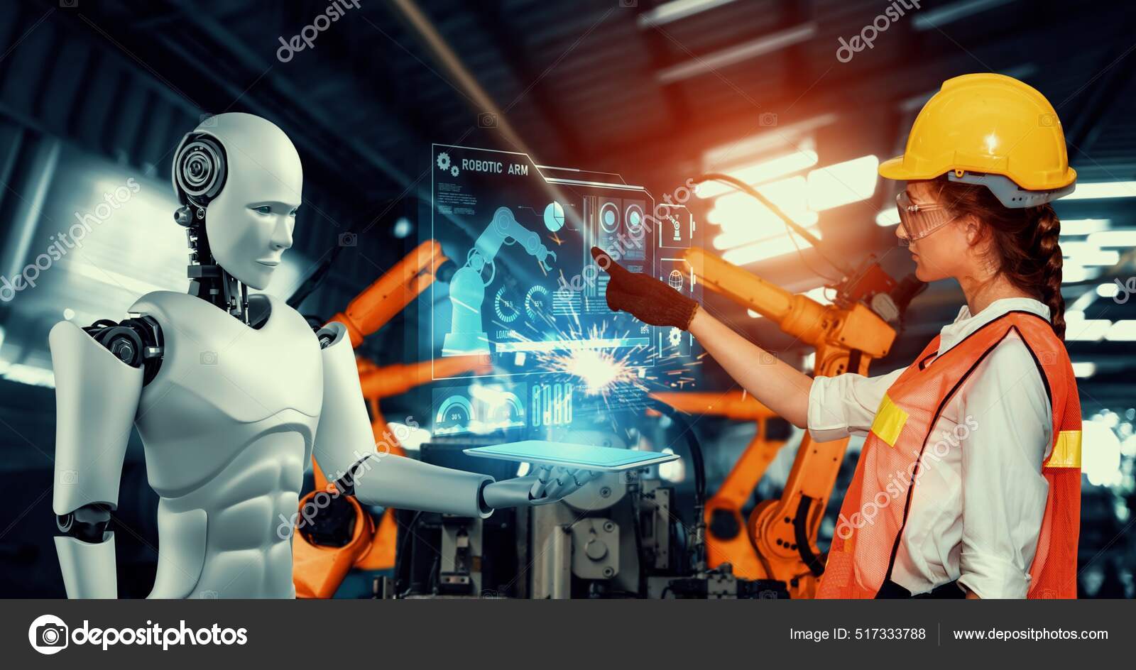 Mechanized industry robot and human worker working together in