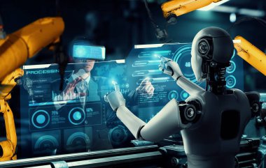 Mekanize endüstri robotu ve insan işçileri gelecekteki fabrikada birlikte çalışıyorlar.