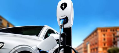 Yeşil enerji ve ekolojik güç kavramında elektrikli araba şarj istasyonu