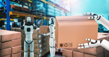 Yenilikçi endüstri robotu insan işçiler için depoda çalışıyor.