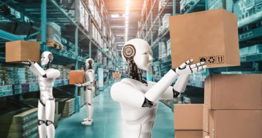 Yenilikçi endüstri robotu insan işçiler için depoda çalışıyor.