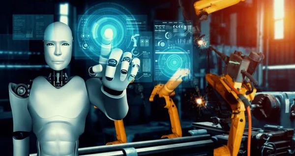 Mechanized industry robot and robotic arms for assembly in factory production . — Stock Photo, Image