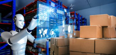 Yenilikçi endüstri robotu insan işçiler için depoda çalışıyor.