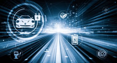 Elektrikli araba sanal gerçeklik grafiği hızlı EV şarj istasyonunda yolda